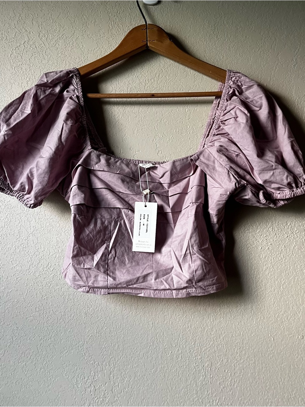 Sim & Sam Lavender Puff-Sleeve Square Neck Crop Top - 100% Cotton